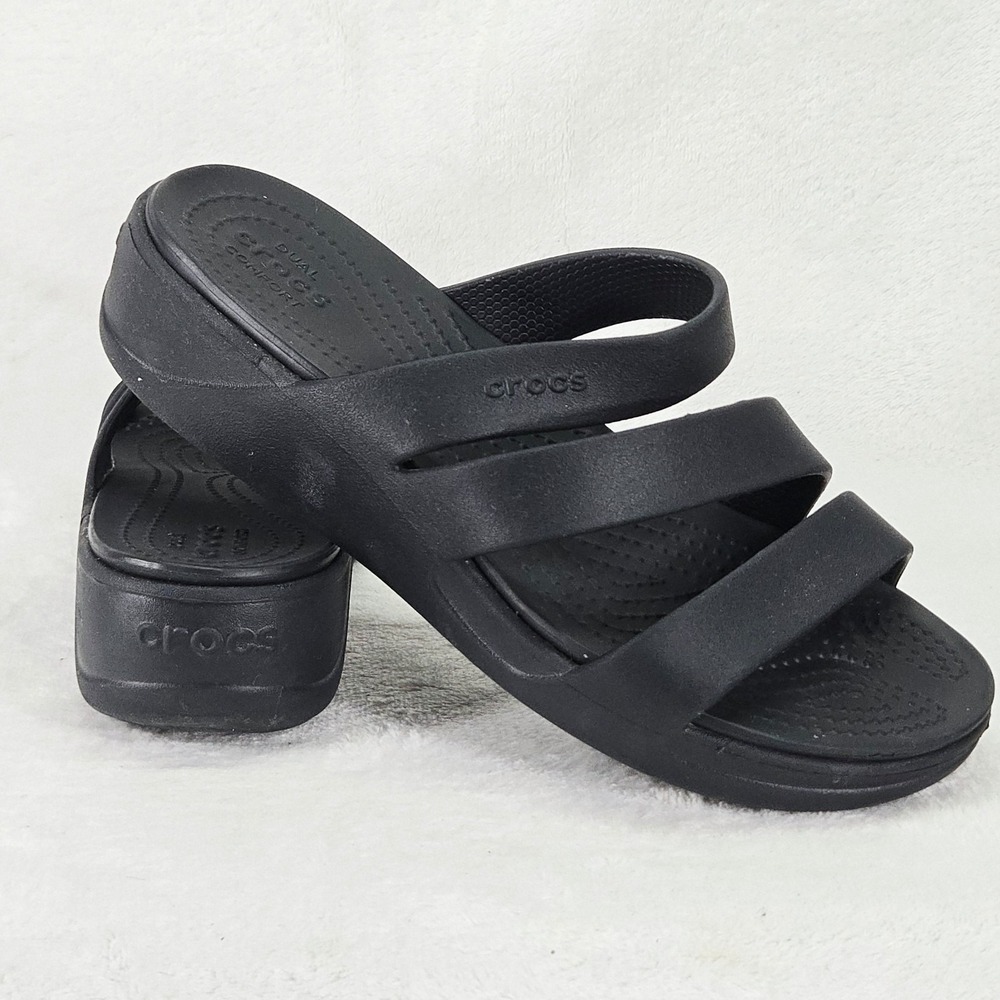 Crocs Monterey Strappy Wedge Sandals Womens 8 Black Slides 206304
